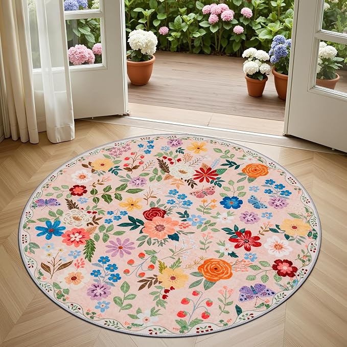 Round Area Rug for Living Room: 4 ft Floral Washable Circle Rug Soft Boho Non-Slip Carpet Indoor Stain Resistant Low Pile Small Circular Rug for Bedroom Entryway Kitchen Nursery Home Office Beige