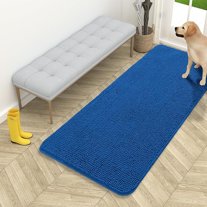 OLANLY Dog Door Mat for Muddy Paws 54x24, Absorbs Moisture and Dirt, Absorbent Non-Slip Washable Doormat, Quick Dry Chenille Mud Mat, Entry Indoor Entryway Carpet for Inside Floor, Deep Navy Blue