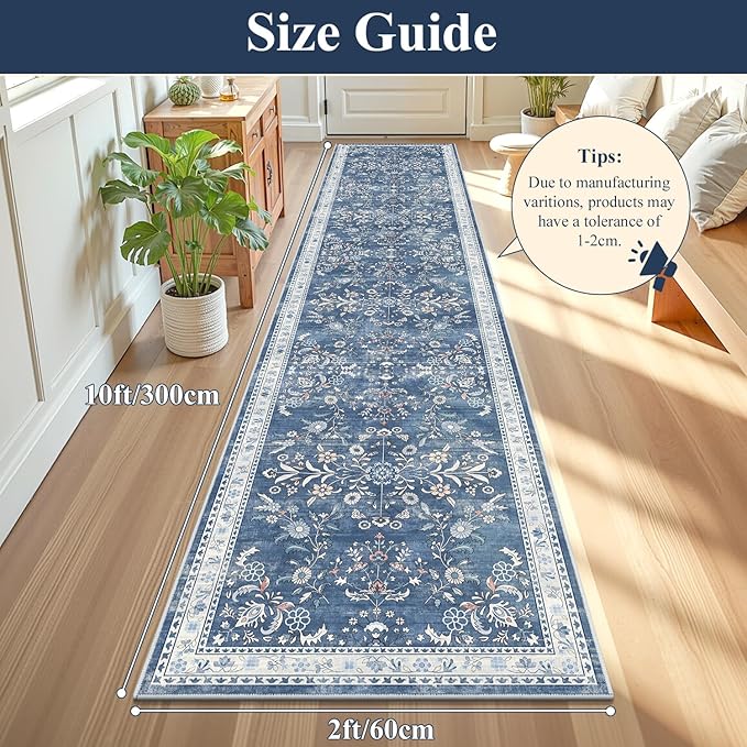 Yamaziot Washable Runner Rug 2x10 – Floral Non Slip Boho Hallway Runner Rug with Rubber Backing, Low Pile Faux Wool Distressed Carpet for Kitchen, Laundry, Bedroom, Entrance, Blue