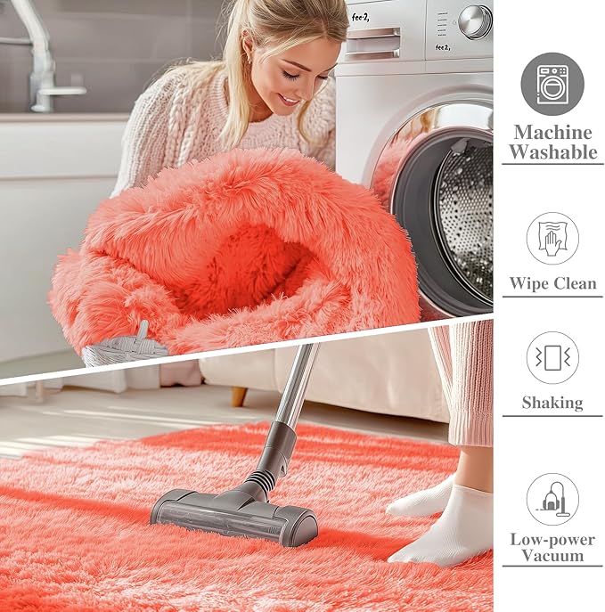 OLANLY 2x3 Machine Washable Small Bedside Rug, Soft Fluffy Shaggy Entryway Throw Rugs for Bedroom, Living Room, Indoor Floor Carpet for Kids Girls and Boys, Home Decor Aesthetic, Coral Red