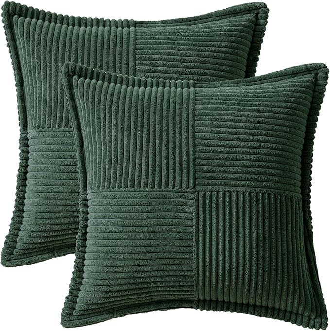 MIULEE Decorative Throw Pillow Covers for Couch Bed Livingroom 16x16 Inch Set of 2 Dark Green Boho Accent Throw Pllows Broadside Striped Patchwork Soft Corduroy Pillowcases