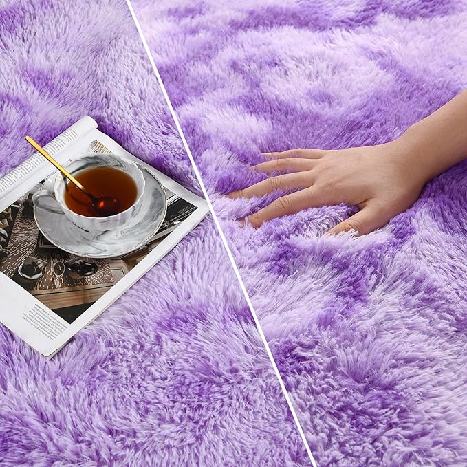 Deerhoo Soft Modern Shaggy Fluffy Carpets for Living Room Bedroom Girls Room Nursery Home Decor, 4 X 6 Tie-Dyed Plush Fuzzy Rugs, Indoor Carpet Shag Area Rug for Kids Room, Purple