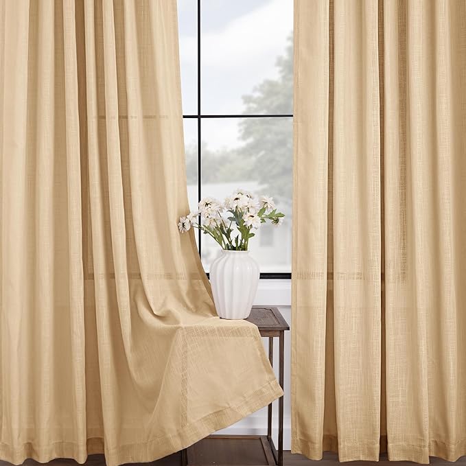 Tan Linen Curtains 102 inches Long for Living Room Back Tab Rustic Farmhouse Semi Sheer Light Filtering Window Curtain Dining Room Soft Thick Flax Linen Textured Drapes Kahki 52x102