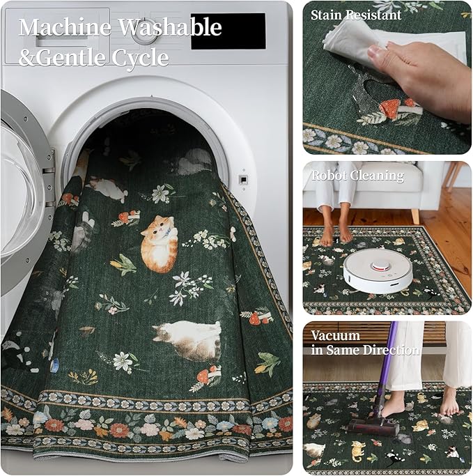 2x12 Washable Hallway Runner Rug - Soft Low Pile Floral Animal Cat Print Rugs with Non-Slip Backing Waterproof Stain-Resistant Indoor Carpet for Kitchen Entryway Bathroom Bedroom (Sage Green)