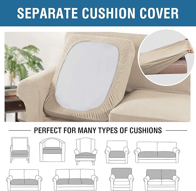 H.VERSAILTEX 3 Piece Stretch Sofa Covers for 2 Cushion Sofa Couch Covers for Living Room Sofa Slipcovers (Base Cover Plus 2 Seat Cushion Covers) Thicker Jacquard Fabric(Large Sofa, Natural)