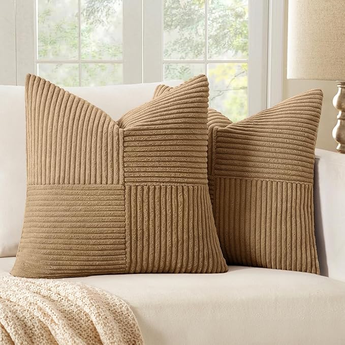 MIULEE Brown Decorative Throw Pillow Covers 20x20 Inch for Couch Bed Sofa Pack of 2 Boho Farmhouse Throw Pillows Soft Cross Corduroy Patchwork Textured Cushion Cases