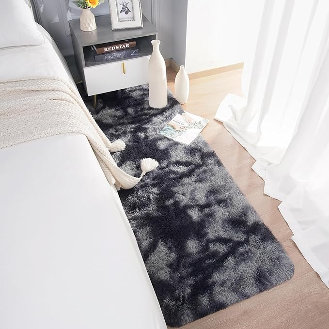 Chicrug Soft Runner Rugs for Bedroom Living Room Plush Fluffy Rug 2x6 Feet, Shag Furry Area Rug Carpet Non Shedding for Nursery Children Kids Girls Room Home Decorative, Grey and Black