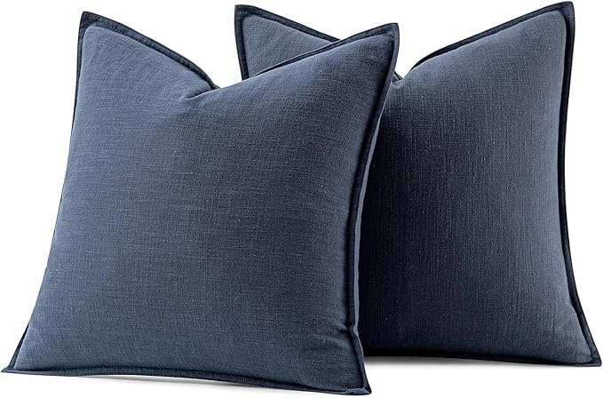 MIULEE Decorative Linen Pillow Covers 18x18 Inch Indigo Blue Boho FarmhouseNeutral Couch Throw Pillows for Bed Pack of 2 Accent Coastal Modern Pillowcase Summer Sofa Livingroom Home Decor