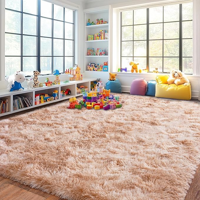Pionblank 8x10 Rug for Living Room, Fuzzy Plush Large Area Rug, Fluffy Modern Shag Non Slip Soft Furry Carpet for Bedroom Kids Room Nursery Teens Dorm Home Decor, Tie-Dyed Beige