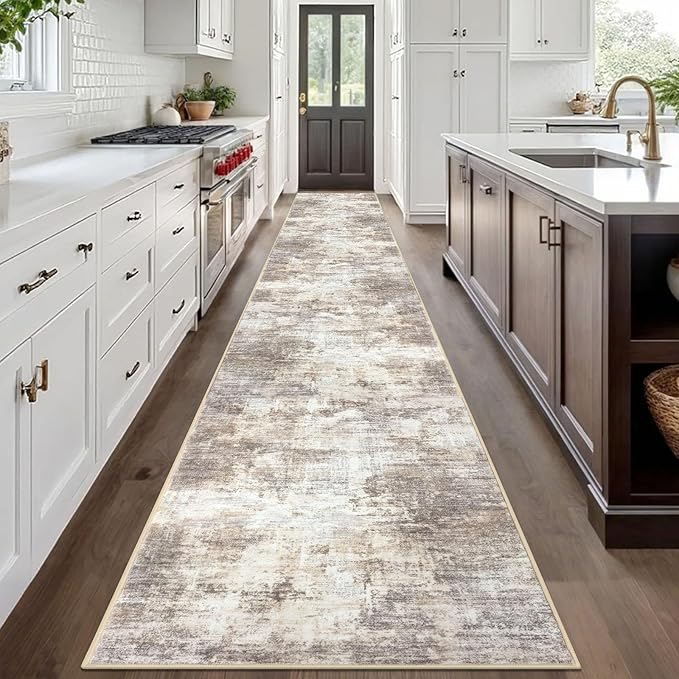 IOHOUZE Abstract Runner Rug 3x20 Ft Extra Long Washable Runners for Hallways, Non Slip Kitchen Runner Printed Faux Wool Entryway Runner Indoor, Modern Abstract Floor Carpet for Hall Stair, Beige Brown
