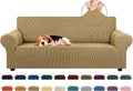 KEKUOU Stretch Sofa Cover Slipcover ，Couch Covers for 3 Cushion Couch Sofa pet Friendly (79"-94") Furniture Protector Sofa with Elastic Bottom for Kids,Dog, Jacquard Small Checked(Large,Tan)