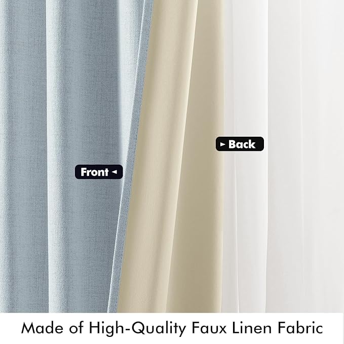 MIULEE 100% Blackout Linen Curtains for Bedroom, Chambray Blue Solid Luxury Decor Thermal Insulation Room Darkening Drapes for Living Room Nursery Back Tab Rod Pocket 42 x 90 Inches, 2 Panels