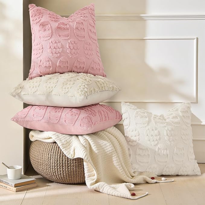 decorUhome Easter Pink Egg Pillow Covers 12x20 Inch Set of 2, Soft Plush Faux Wool Jacquard Cushion Covers, Farmhouse Neutral Fuzzy Spring Easter Holiday Decor for Couch Sofa Bed