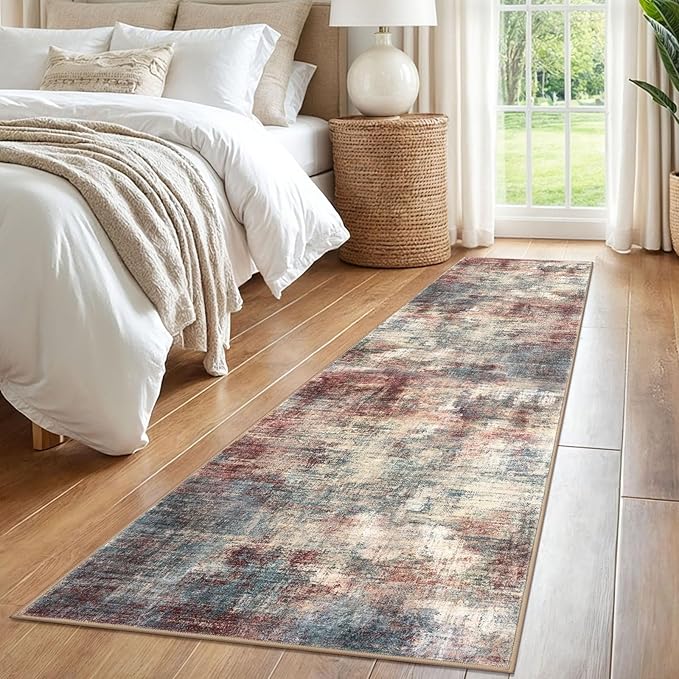 IOHOUZE Abstract Runner Rug 2x8 Ft Washable Runners for Hallways, Non Slip Kitchen Runner Printed Faux Wool Entryway Runner Indoor, Modern Abstract Floor Carpet for Hall Kitchen Bedroom, Red/Multi