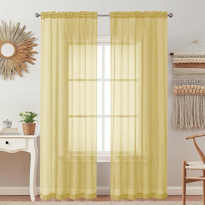 OVZME 2 Pack: Basic Mustard Yellow Sheer Curtain 84 Inches Long for Bedroom, Airy Light Filtering Voile Drapes for Living Room, Each 42W x 84L