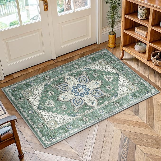 AMADA HOMEFURNISHING 2x3 Washable Area Rug, Low-Profile Entryway Rug with Non-Slip Backing & Durable Edge Binding, Vintage Rug Pattern, Small Rugs for Entryway, Kitchen & Living Room