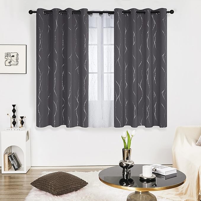 Deconovo Short Curtains Grey, Blackout Kitchen Curtain, Thermal Insulated Soundproof Drapes, Wave Dots Foil Print, 52 x 45 Inches, 2 Panels, Machine‑Washable Privacy Window Panel for Nursery Office