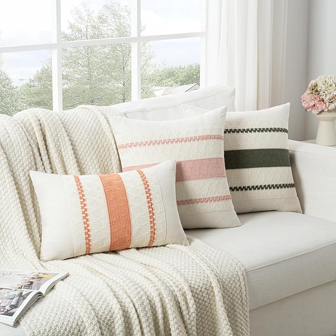 Fancy Homi Set of 1 Boho Pink Decorative Throw Pillow Cover 16x16 Inch for Couch Bed Sofa, Aesthetic Modern Organic Farmhouse Home Decor, Soft Cotton Cute Accent Macrame Woven Cushion Case