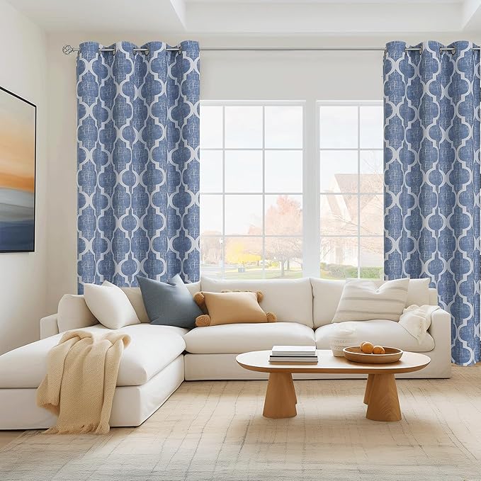 Beauoop 100% Blackout Curtains 45 Inches Long 2 Panels for Bedroom Living Room Blue Moroccan Geo Room Darkening Thermal Insulated Soundproof Grommet Top Window Treatments Drapes, 50x45 Set of 2