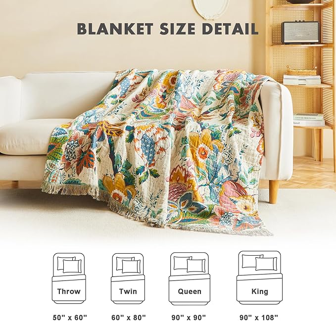 MSGKV Boho Throw Blanket for Bed Couch Twin Size Cotton Vine Blanket 60"x80" Couch Muslin Spring Breathable Lightweight Farmhouse Blankets for All Seasons Home Decor