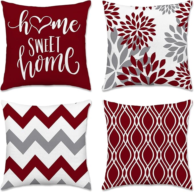 Hexagram Geometric Burgundy Pillow Covers 20x20 Set of 4, Decorative Outdoor Boho Modern Throw Pillow Covers, Home Sweet Home Farmhouse Cushion Case for Couch Sofa Bedroom Indoor Decor(No Insert)