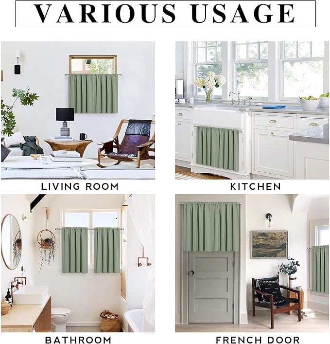 RYB HOME Blackout Bathroom Window Curtains, Short Thermal Insulated Heat Blocking Rod Pocket Half Window Curtain Tiers for Nursery Bedroom, Width 42 by Length 30, Greyish Green, 2 Panels