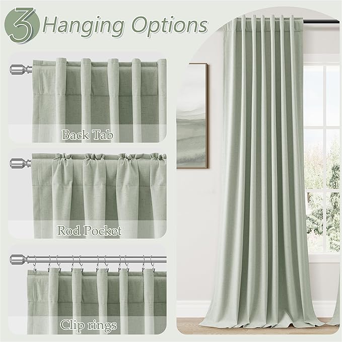 Guken 100% Blackout Curtains 72 Inch Length 2 Panels Set for Living Room Bedroom Back Tab Thermal Insulated Black Out Linen Drapes Room Darkening Window Curtains 72 Inches Long,Mist Sage