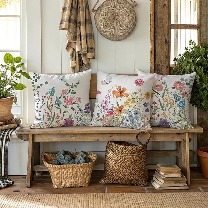 ONFAON Spring Pillow Covers 16x16 Inch Set of 4,Seasonal Floral Outdoor Decorative Square Linen Farmhouse Decor Cushion Covers for Home Sofa Bed Couch
