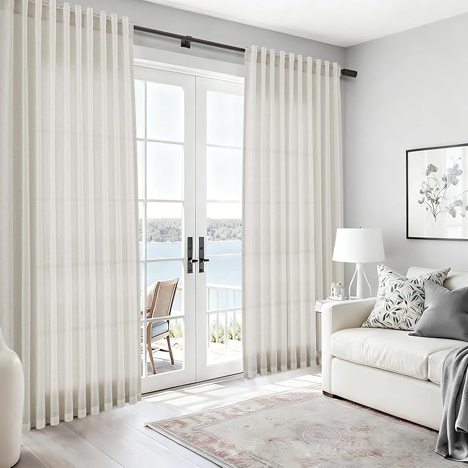 Nanspring Mousse White Linen Curtains 120 Inches Long for Living Room Light Filtering Semi Sheer Curtain Back Tab Coastal Decor Luxury Floor to Ceiling High Window for Bedroom 52x120, 2 Panels