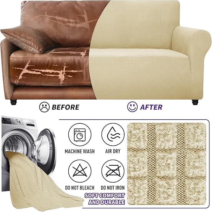 ZNSAYOTX Super Stretch Chair Slipcover Universal Sofa Chair Covers for Living Room Dogs Pet Furniture Protector Spandex Armchair Slipcovers with Anti Slip Foam Sticks (Beige, Chair)
