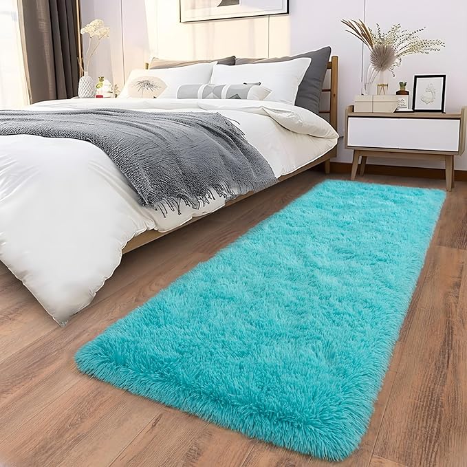 Soft Runner Rugs for Bedroom Hallways, 2x6 Teal Blue Fluffy Shag Throw Area Rug Non Slip for Bedside Dorm, Long Shaggy Furry Carpet for Nursery Living Room