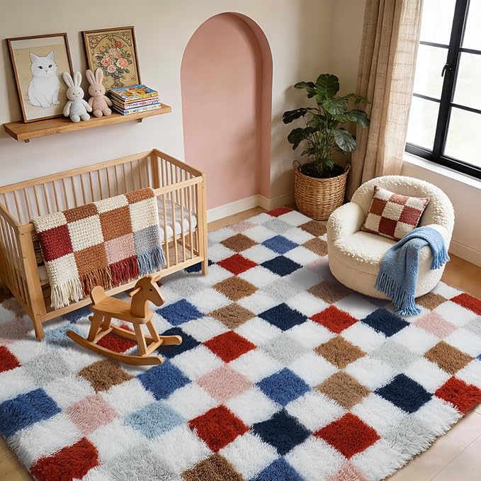 Shag Area Rug for Bedroom Living Room,4x6 Fluffy Soft Colorful Checkered Rug Fuzzy Shaggy Bedroom Carpet,Indoor Plush Floor Rugs for Kids Boys Girls Teen Dorm Nursery Home Decor