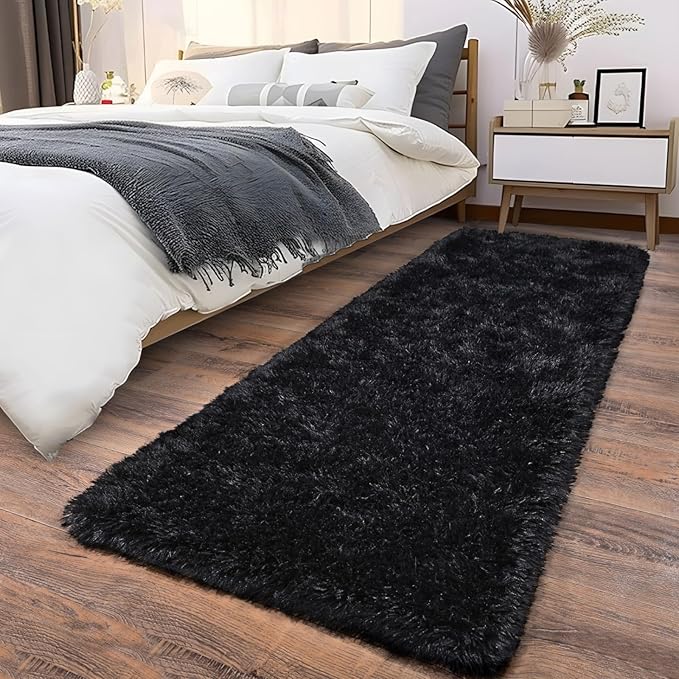 Soft Runner Rugs for Bedroom Hallways, 2 Packs 2x6 Black Fluffy Shag Throw Area Rug Non Slip for Bedside Dorm, Long Shaggy Furry Carpet for Nursery Living Room