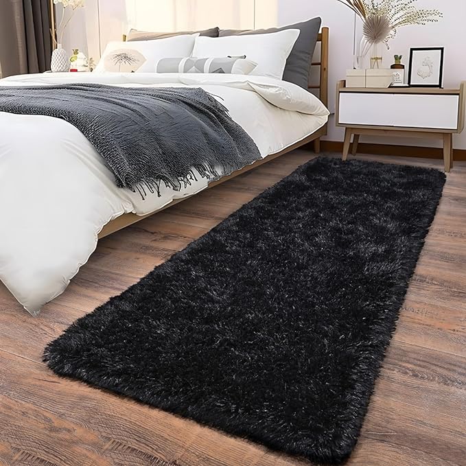 Soft Runner Rugs for Bedroom Hallways, 2x5 Black Fluffy Shag Throw Area Rug Non Slip for Bedside Dorm, Long Shaggy Furry Carpet for Nursery Living Room