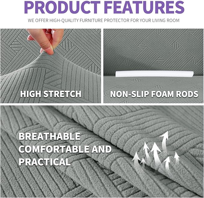 ZNSAYOTX Oversized Super Stretch Couch Cover (92"-115"), New Striped Sofa Covers Comfortable & Durable, Dog Cat Pets Friendly Extra Large Spandex Sofa Slipcovers (Light Grey, XL Sofa)