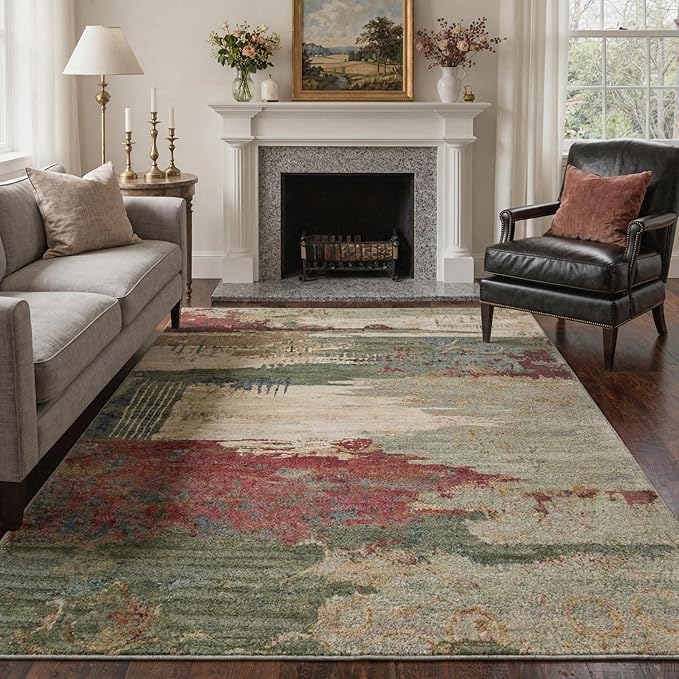 Area Rugs 5x7 for Living Room Bedroom, Modern Abstract Machine Washable Rug, Large Soft Low Pile Floor Carpet with Non Slip Backing for Dining Room, Moss Green