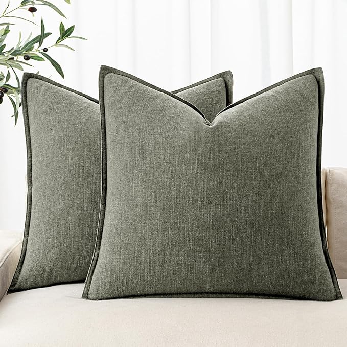 MIULEE Decorative Linen Pillow Covers 20x20 Inch Olive Green Boho Farmhouse Neutral Couch Throw Pillows for Bed Pack of 2 Accent Outdoor Pillowcase Modern Sofa Cushion Livingroom Home Decor