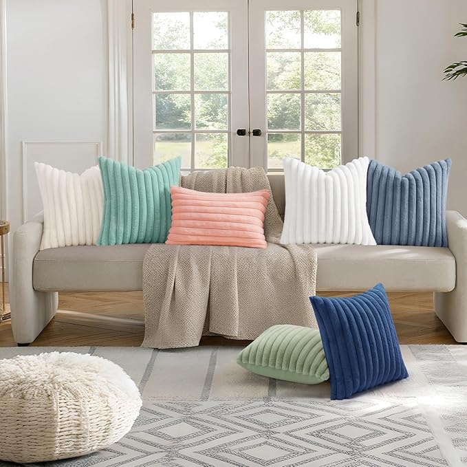 decorUhome Summer Cozy Faux Fur Throw Pillow Covers 18x18 Set of 2 Decorative Soft Plush Striped Modern Farmhouse Boho Couch Pillow Cases with Velvet Back for Sofa Bed Living Room, Aqua