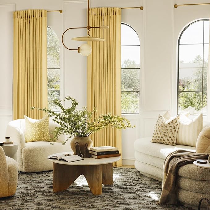Gold Curtains for Living Room Back Tab Modern Farmhouse Semi Sheer Curtains 120 inches Long 2 Panels Set Muted Neutral Window Curtain for Dining Room Bedroom 52x120