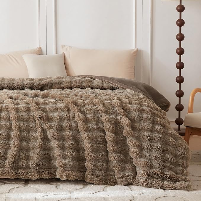 COOVA Faux Fur Throw Blanket for Couch, Cozy Soft and Fuzzy Plush Rabbit Fur Bubble Blanket for Sofa Bedroom Living Room, 50x60 Inches Cationic Brown
