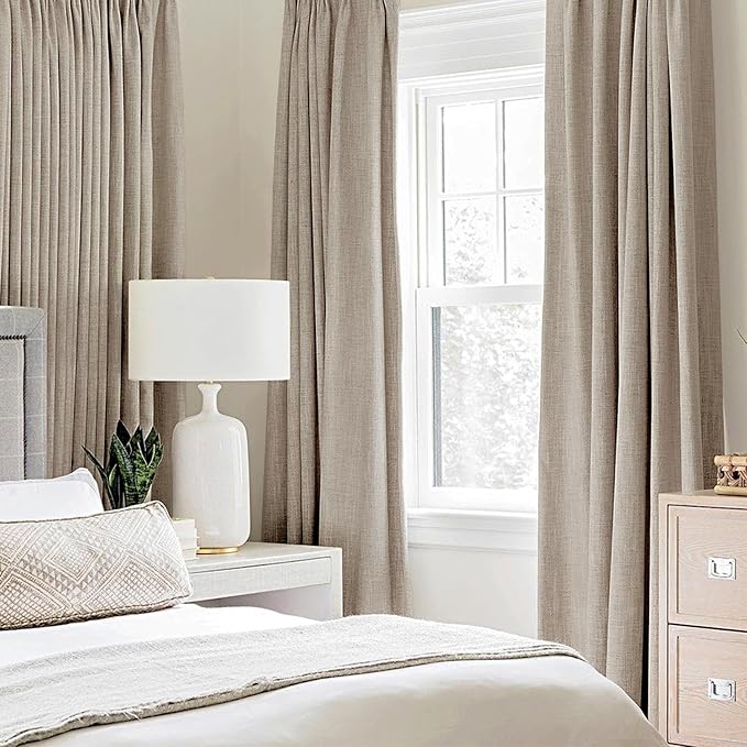 MIULEE 100% Blackout Linen Textured Curtains for Bedroom Solid Thermal Insulated Taupe Grommet Room Darkening Curtains & Drapes Luxury Decor for Living Room Nursery 52 x 84 Inch (2 Panels)