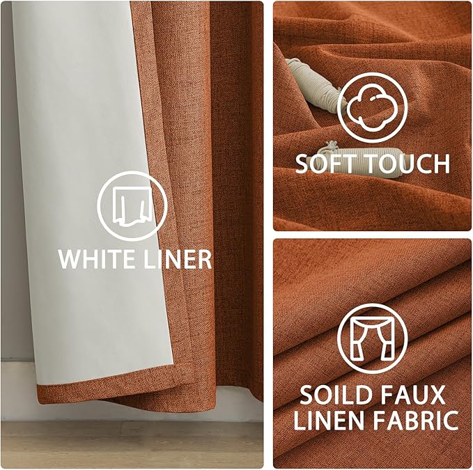 Yakamok Burnt Orange Linen Curtains 100% Blackout 84 Inches Long,Room Darkening Textured Curtains for Living Room Thermal Grommet Bedroom Curtains 2 Panels with White Liner