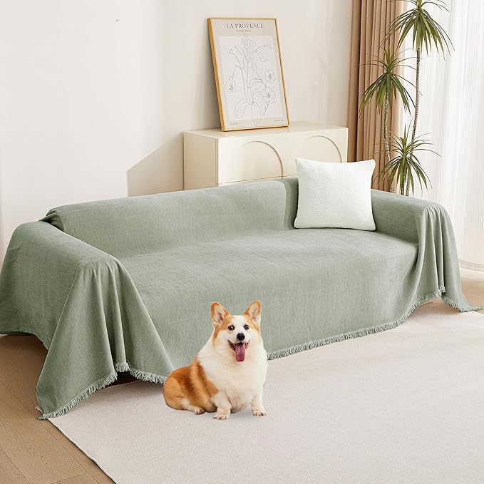 MYSKY HOME Easy Fitted Couch Cover for Dogs Stain Resistant Couch Cover Sage Sofa Covers for 2 Cushion Couch Multi-Use Sectional Couch Covers for Loveseat Universal Tassel Sofa Throw 91"X 118"
