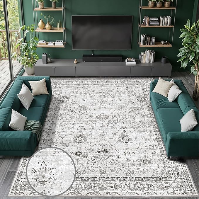 Grey White Area Rugs 10x14 Living Room, Non Slip Machine Washable Floral Rugs, Low Pile Lightweight Large Rug for Bedroom, Dining Room, Home Office(10 x 14, Grey White)