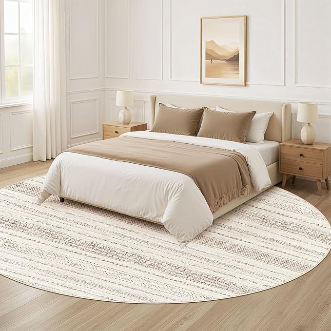 Nakagishi Round Rug Boho Area Rugs: 5x5 Washable Large Circle Neutral Soft Stain Resistant Non-Slip Carpet for Women Aged 25-45 Farmhouse Decor Enthusiasts - Living Room Bedroom Dining Room Nursery