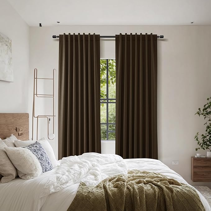 Guken 100% Blackout Curtains 84 Inch Length 2 Panels Set for Living Room Bedroom Back Tab Thermal Insulated Black Out Linen Drapes Room Darkening Chocolate,52x84