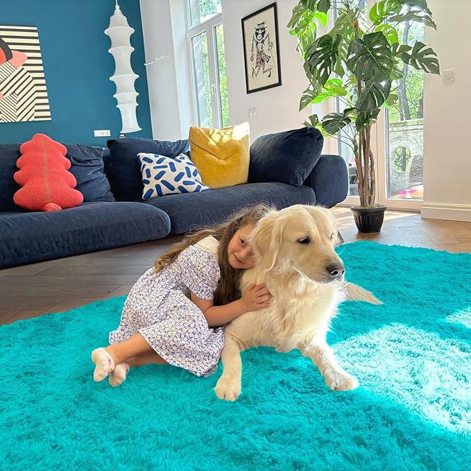 OLANLY 3x5 Machine Washable Small Bedside Rug, Soft Fluffy Shaggy Rugs for Living Room, Bedroom, Indoor Floor Carpet for Kids Girls and Boys, Preppy Dorms, Nursery, Home Decor Aesthetic, Teal Blue