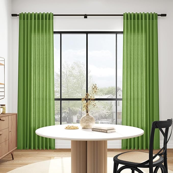 Nanspring Lime Green Linen Blend Light Filtering Back Tab Curtains 96 Inches Long, Semi Sheer Privacy Drapes for Living Room & Bedroom, 52x96 inch, 2 Panels