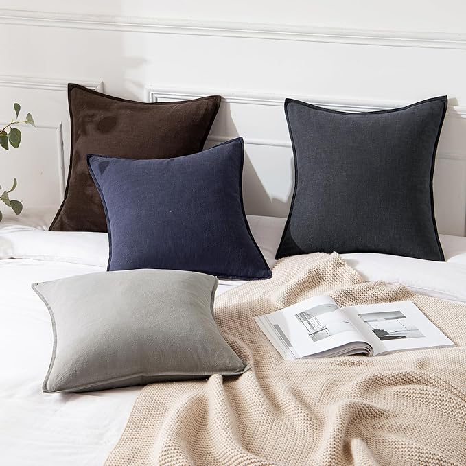 MIULEE Decorative Linen Euro Sham Pillow Covers 24x24 Navy Boho Farmhouse Neutral Couch Throw Pillows for Bed Pack of 2 Accent Modern Pillowcase Summer Sofa Livingroom Home Decor