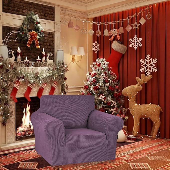 KEKUOU Stretch Single Sofa Slipcover 1 Piece Couch Sofa Cover (31"-55") Furniture Protector 1 Seater Sofa with Elastic Bottom for Kids,Pet.Jacquard Small Checked Pattern Fabric(Small,Dark Purple)